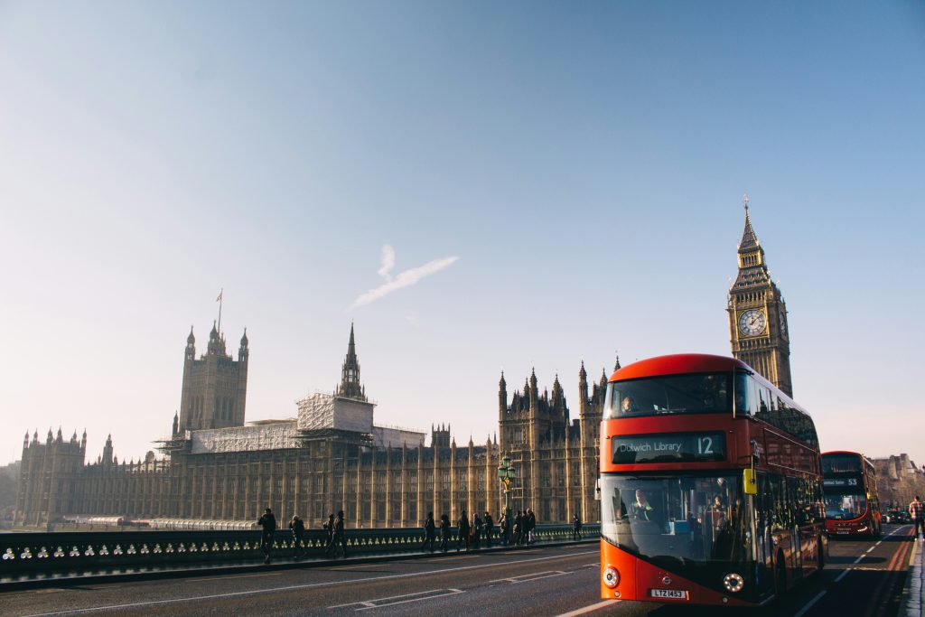 London skyline with a tour bus