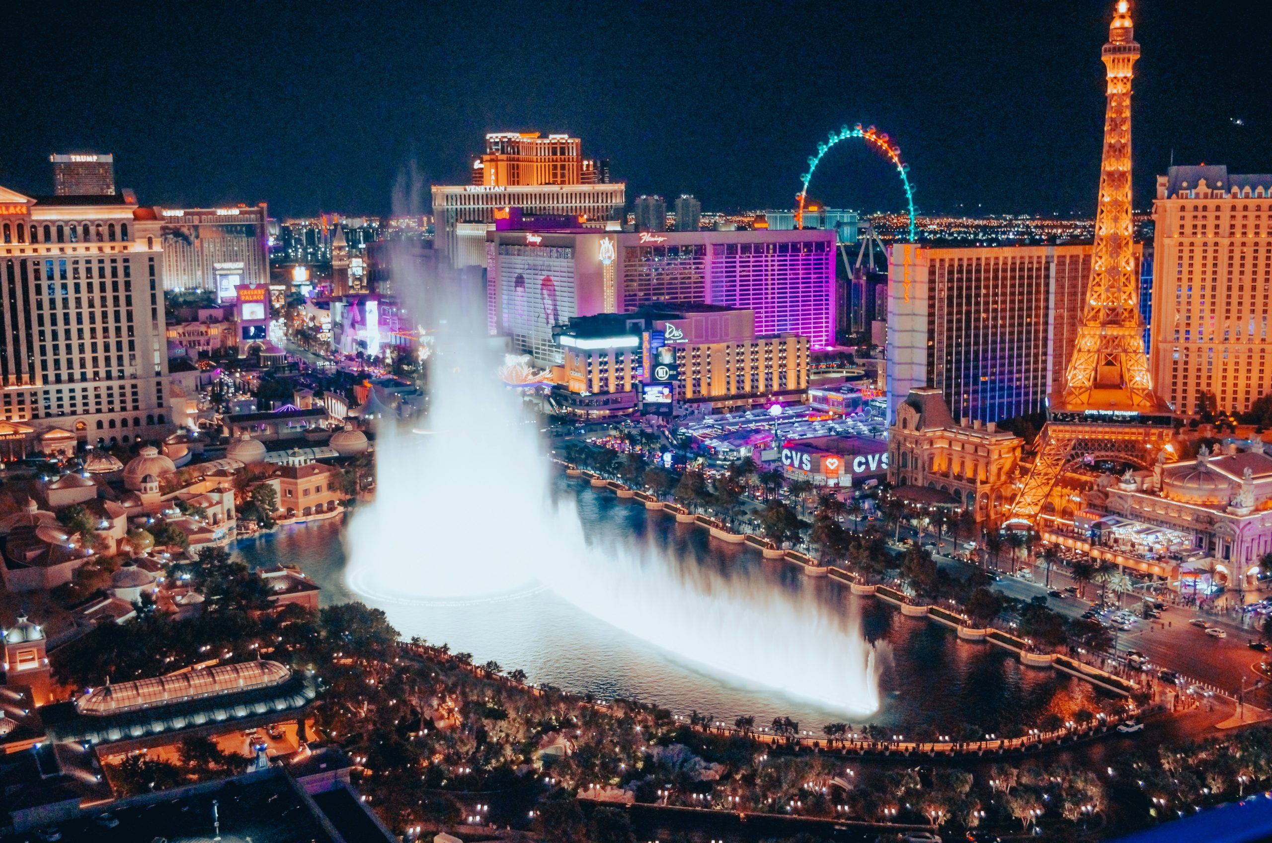 Aerial photo of Las Vegas skyline and fountain